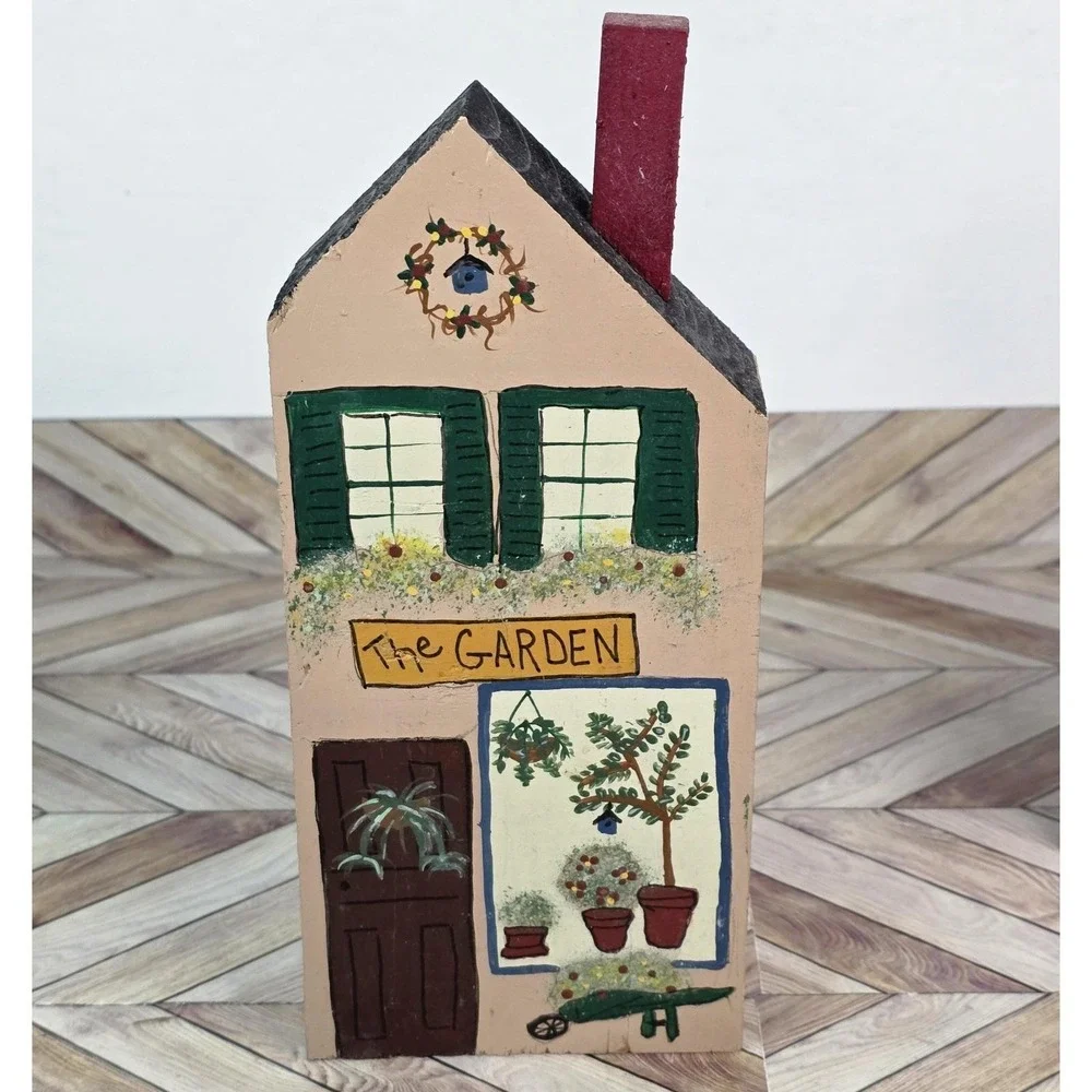 Vintage Set 3 Hand Painted Primitive Wooden Buildings Folk Art Shelf Decor